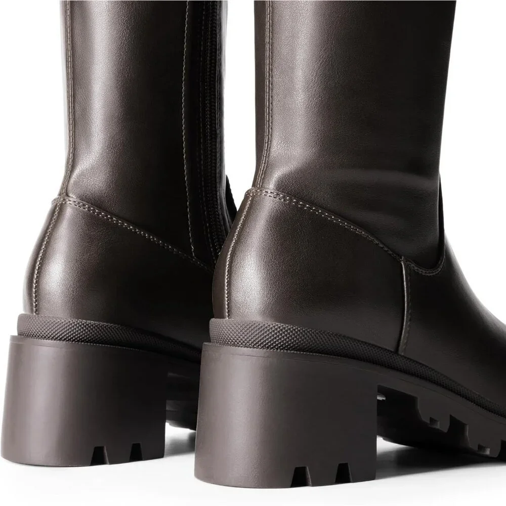 Women's Brown-pu Faux Leather Knee High Over The Knee High Chunky Heel Boots